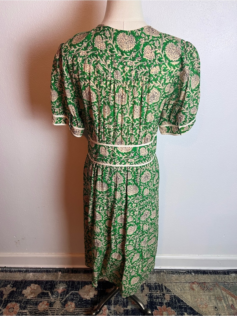 ba&sh Green Floral V-Neck Midi Dress with Ivory Print - Picture 4 of 8